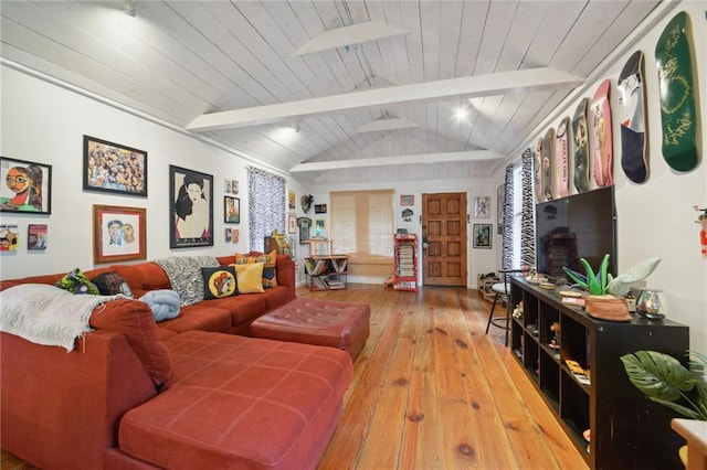 living room with hardwood / wood-style floors, wooden ceiling, and lofted ceiling with beams