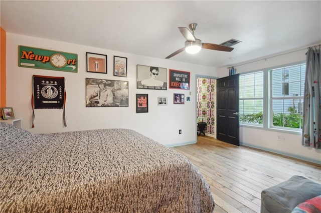 bedroom with ceiling fan and light wood-type flooring