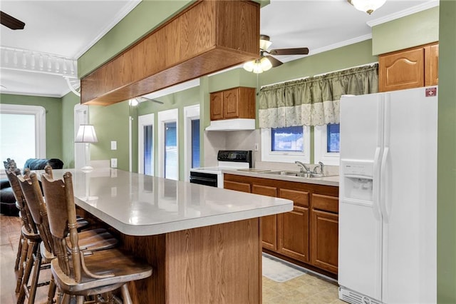 kitchen featuring sink, ornamental molding, ceiling fan, white appliances, and a kitchen island