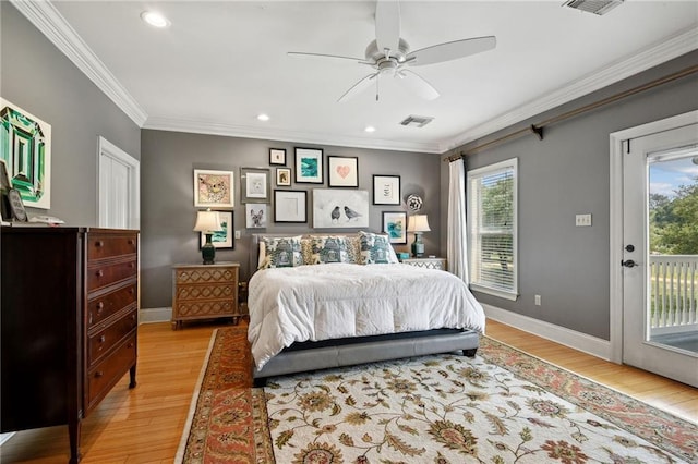 bedroom featuring ceiling fan, access to exterior, light wood-type flooring, and crown molding