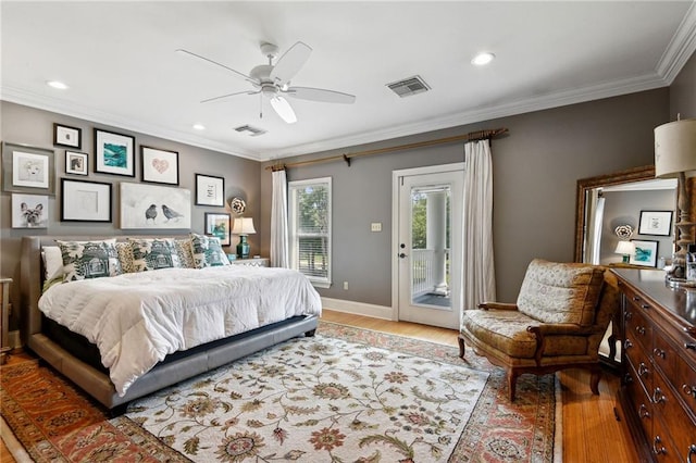 bedroom with light wood-type flooring, crown molding, ceiling fan, and access to exterior