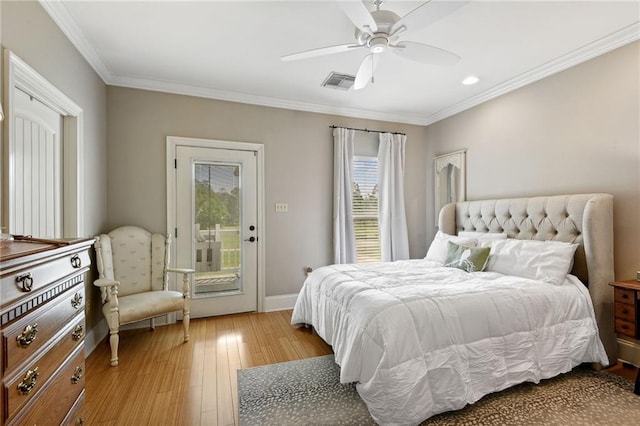 bedroom with ceiling fan, access to exterior, multiple windows, and light wood-type flooring