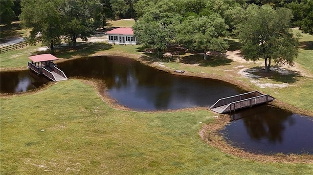 drone / aerial view with a water view