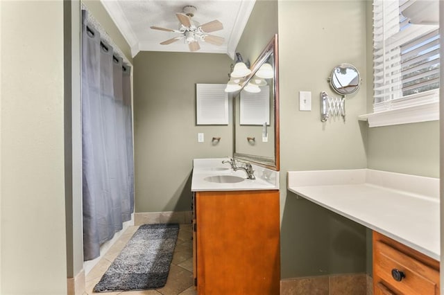 bathroom with ornamental molding, tile patterned flooring, vanity, and ceiling fan