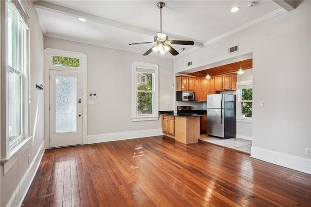 kitchen featuring light wood-type flooring, appliances with stainless steel finishes, ceiling fan, and a healthy amount of sunlight