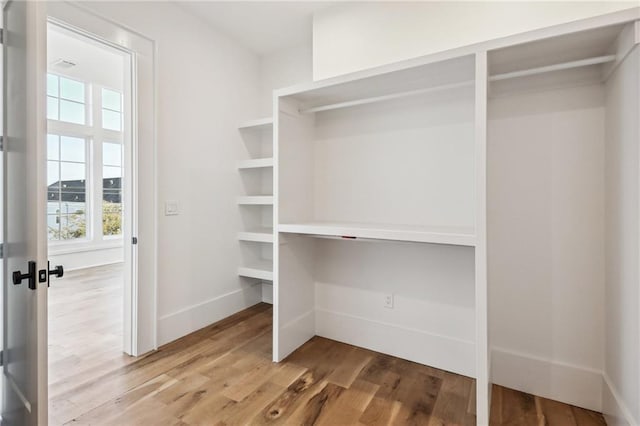 walk in closet with wood-type flooring