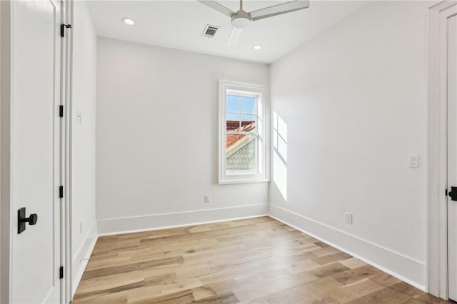 unfurnished bedroom with recessed lighting, baseboards, light wood-type flooring, and visible vents