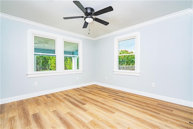 empty room featuring ceiling fan, light hardwood / wood-style flooring, and crown molding