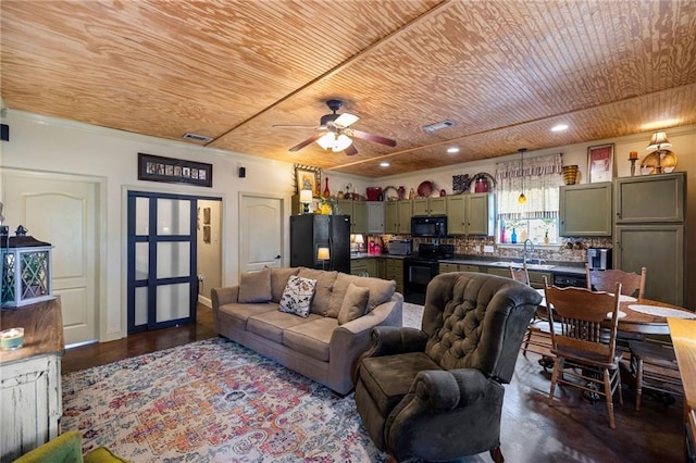 living room featuring sink, wooden ceiling, and ceiling fan