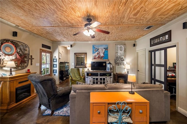 living room featuring wooden ceiling, ceiling fan, and crown molding