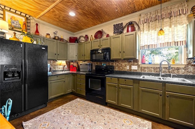 kitchen featuring black appliances, crown molding, green cabinetry, pendant lighting, and sink