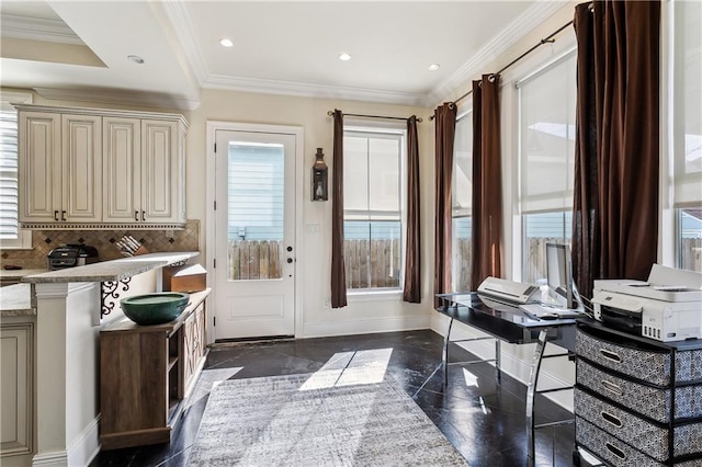 entryway featuring ornamental molding