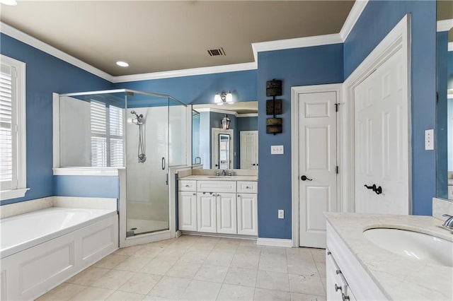 bathroom featuring vanity, crown molding, and plus walk in shower