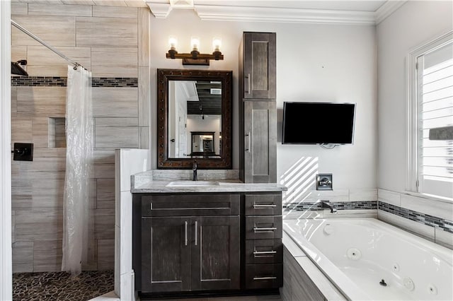 bathroom featuring crown molding, plus walk in shower, and vanity