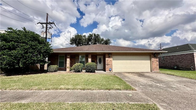 ranch-style home with a garage and a front yard