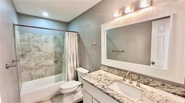 full bathroom featuring toilet, vanity, and shower / bathtub combination with curtain