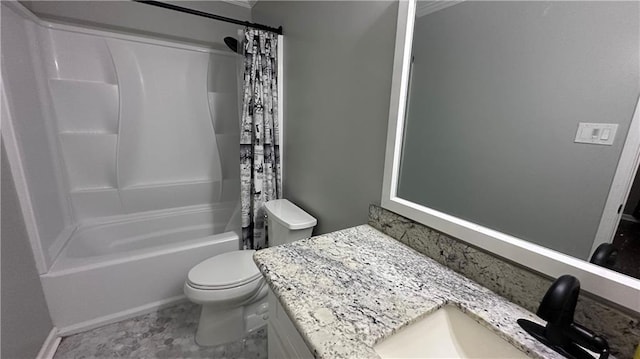 full bathroom featuring shower / bath combo, vanity, and toilet