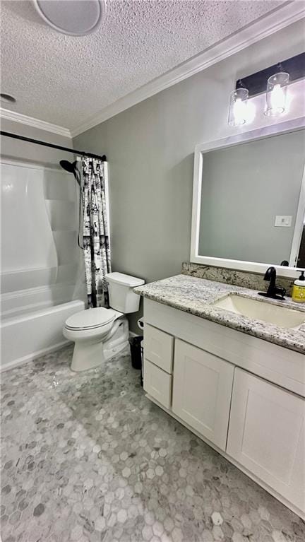 full bathroom featuring shower / bath combo, toilet, a textured ceiling, vanity, and crown molding