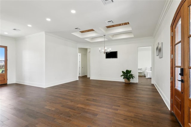 interior space with crown molding, a notable chandelier, beam ceiling, dark hardwood / wood-style flooring, and coffered ceiling