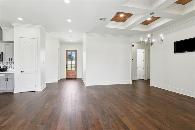 interior space featuring coffered ceiling, beamed ceiling, dark hardwood / wood-style flooring, and ornamental molding