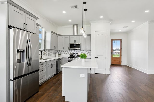 kitchen featuring sink, appliances with stainless steel finishes, a center island, gray cabinetry, and dark hardwood / wood-style flooring