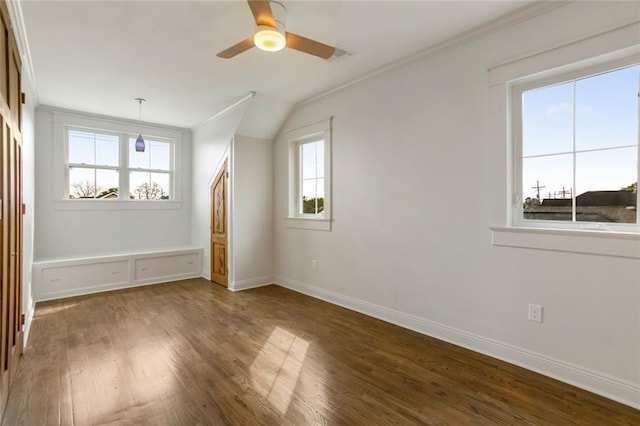 additional living space featuring lofted ceiling, ceiling fan, a healthy amount of sunlight, and dark hardwood / wood-style floors