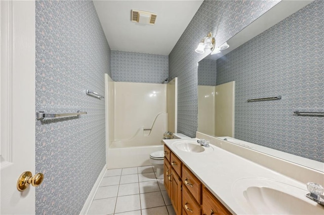 full bathroom with vanity, tub / shower combination, tile patterned flooring, and toilet