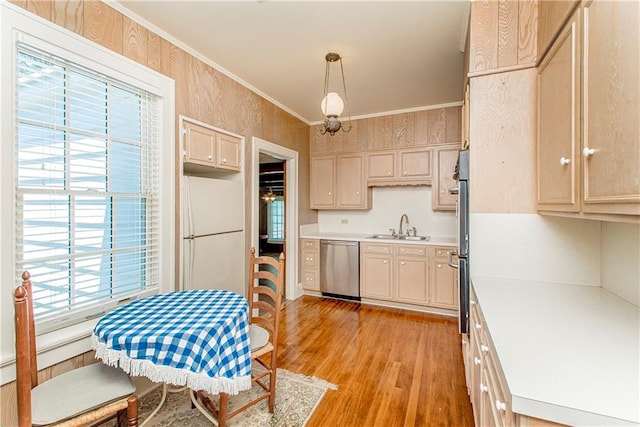 kitchen featuring ornamental molding, stainless steel appliances, sink, decorative light fixtures, and light hardwood / wood-style floors