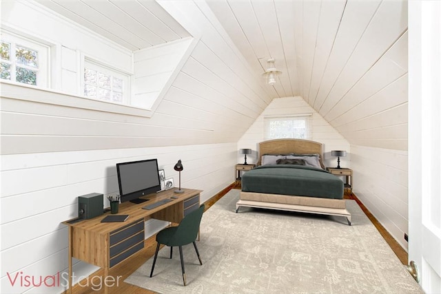 bedroom featuring wood-type flooring, lofted ceiling, wooden walls, and wooden ceiling