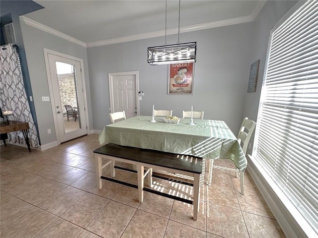 tiled dining space with crown molding