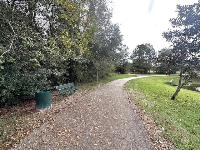 view of property's community featuring a water view and a yard