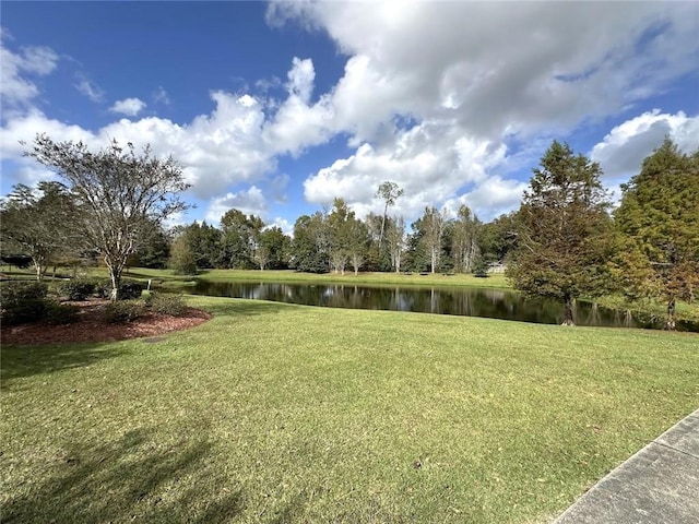 view of home's community with a water view and a lawn