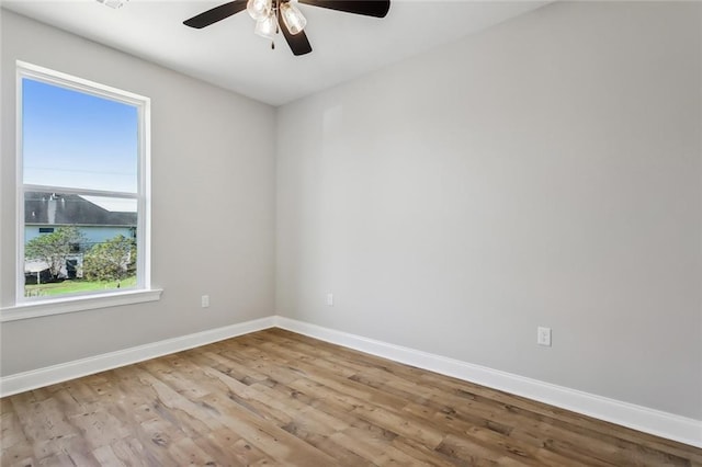 unfurnished room featuring a wealth of natural light, ceiling fan, and light hardwood / wood-style flooring