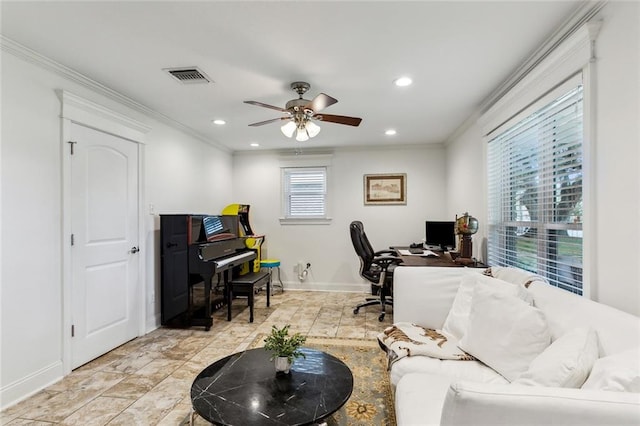 office with ceiling fan and crown molding