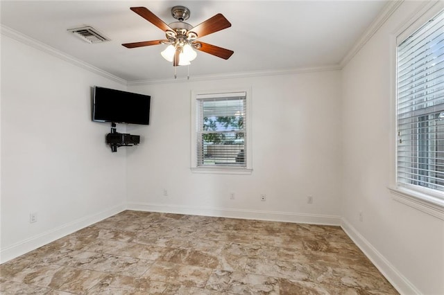 unfurnished room featuring a healthy amount of sunlight, crown molding, and ceiling fan