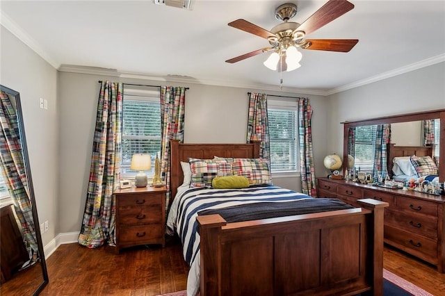 bedroom with dark wood-type flooring, ceiling fan, and ornamental molding