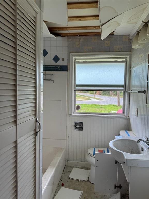 bathroom featuring vanity, a bath, and toilet