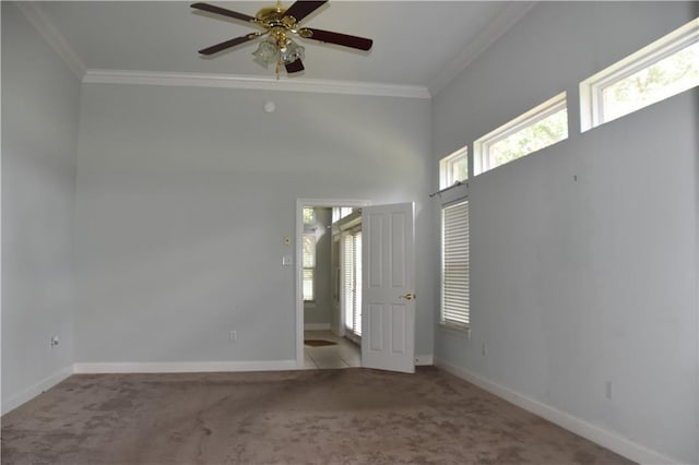 carpeted spare room featuring baseboards, a wealth of natural light, and crown molding