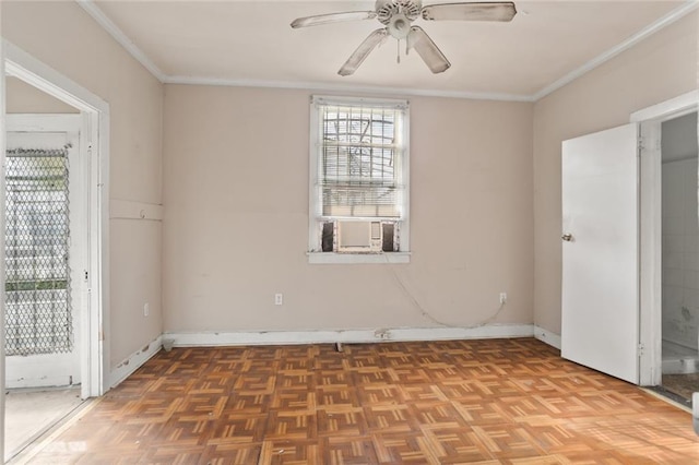 unfurnished bedroom featuring access to outside, cooling unit, parquet flooring, and ceiling fan