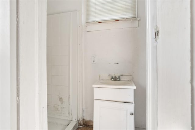 bathroom with a shower and vanity