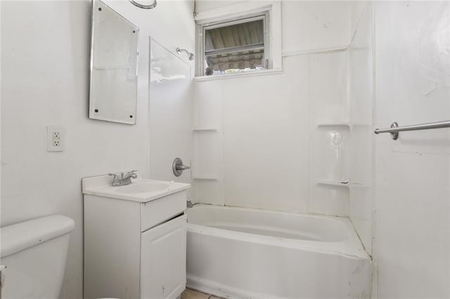 full bathroom with washtub / shower combination, vanity, and toilet