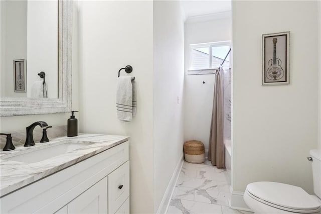 full bathroom with vanity, shower / bathtub combination with curtain, toilet, and ornamental molding