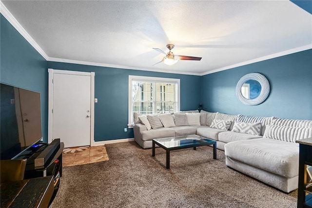 living room with carpet, ceiling fan, ornamental molding, and a textured ceiling