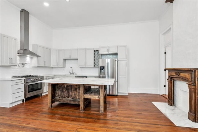 kitchen featuring dark hardwood / wood-style flooring, sink, wall chimney exhaust hood, and stainless steel appliances