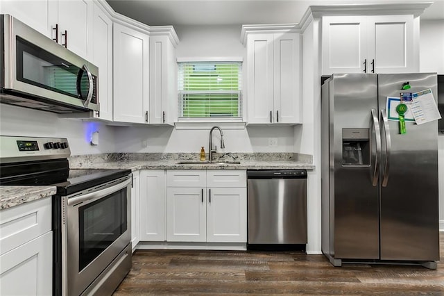 kitchen featuring dark wood-style floors, white cabinetry, stainless steel appliances, and a sink