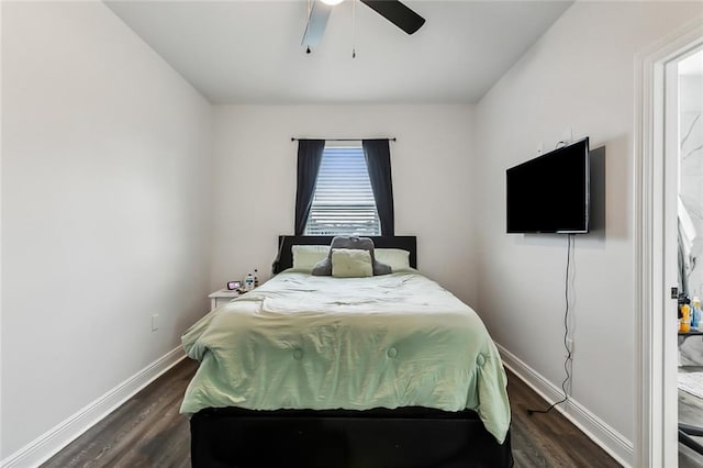 bedroom featuring ceiling fan and dark hardwood / wood-style flooring