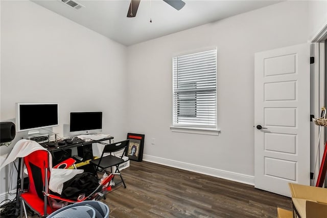 home office featuring dark wood finished floors, visible vents, a ceiling fan, and baseboards