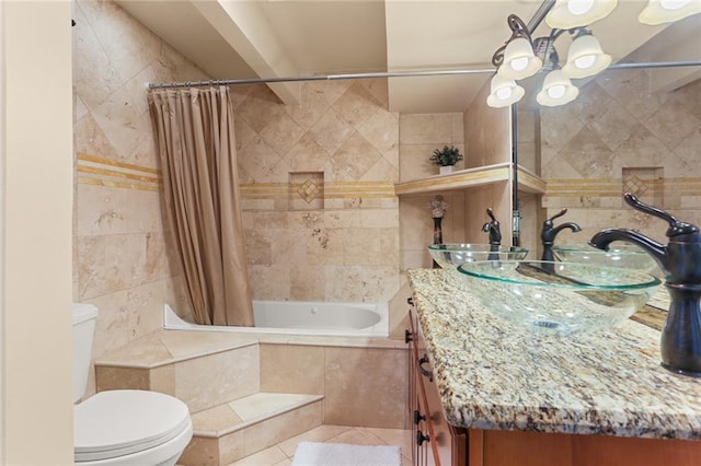 full bathroom featuring shower / bathtub combination with curtain, vanity, tile walls, and toilet