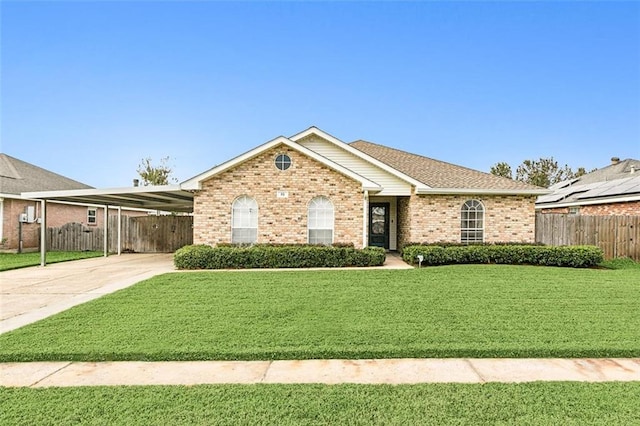 ranch-style house featuring a front lawn and a carport