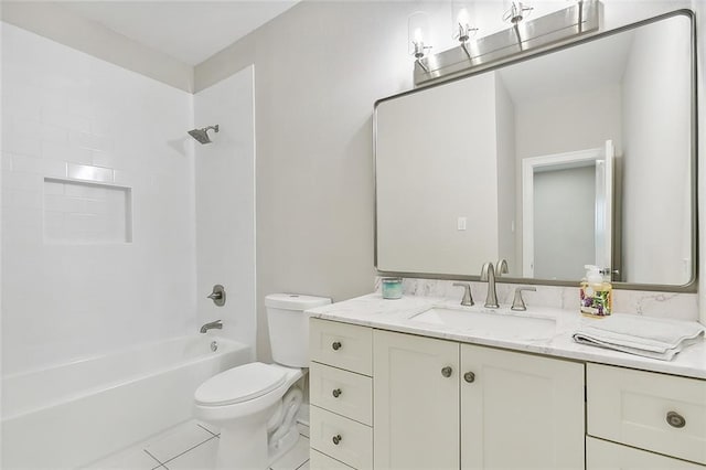 full bathroom featuring vanity, tile patterned floors, shower / bathtub combination, and toilet